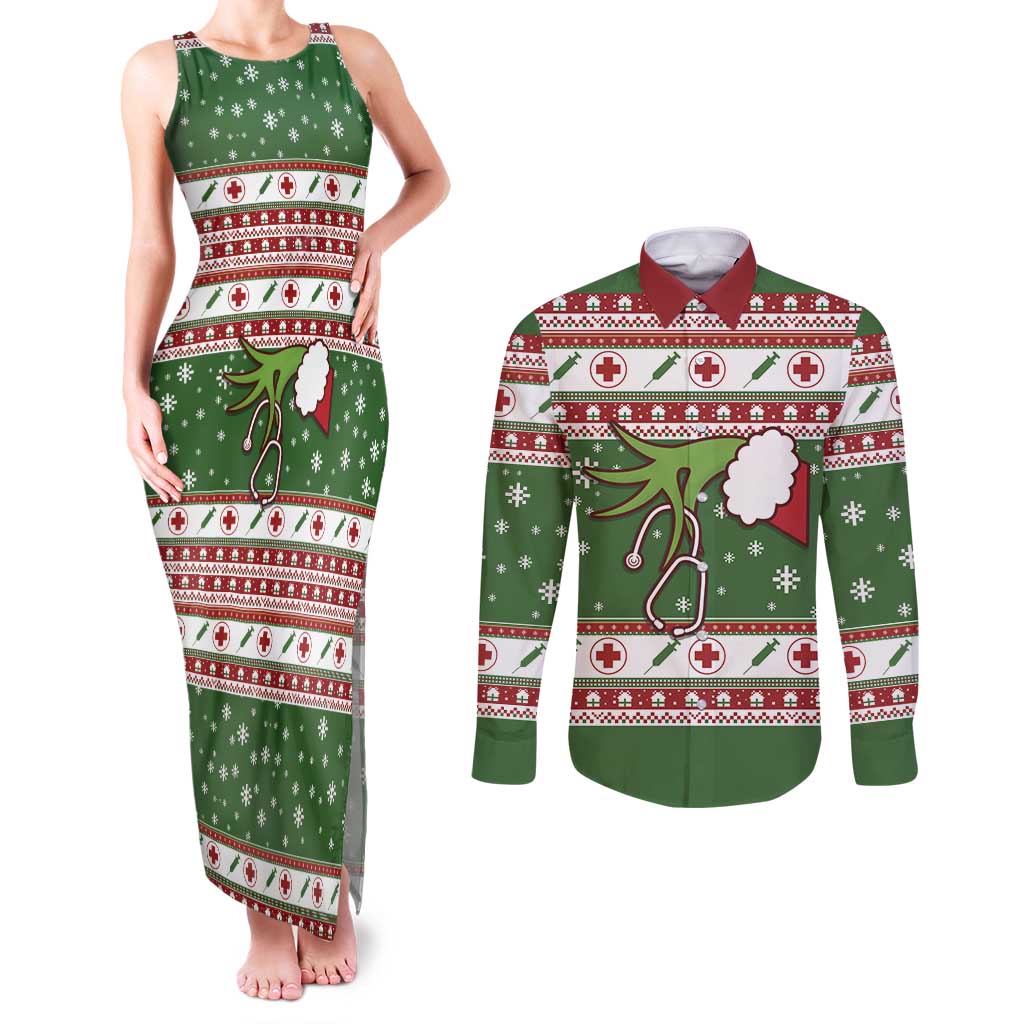 Nurse Couples Matching Tank Maxi Dress and Long Sleeve Button Shirt Nurse Grinch Christmas DT04 - Wonder Print Shop