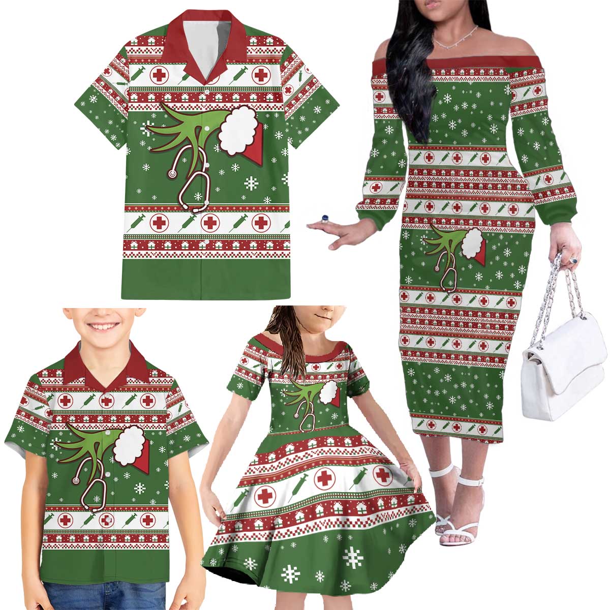 Nurse Family Matching Off The Shoulder Long Sleeve Dress and Hawaiian Shirt Nurse Grinch Christmas DT04 - Wonder Print Shop