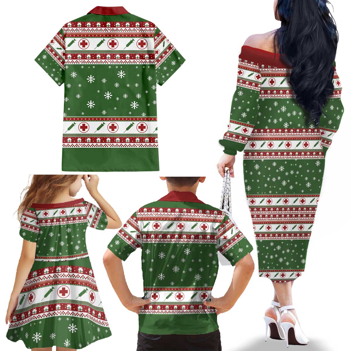 Nurse Family Matching Off The Shoulder Long Sleeve Dress and Hawaiian Shirt Nurse Grinch Christmas DT04 - Wonder Print Shop