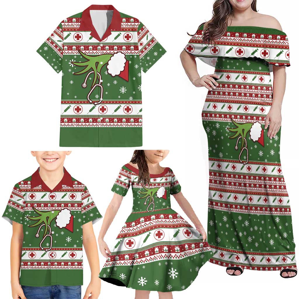 Nurse Family Matching Off Shoulder Maxi Dress and Hawaiian Shirt Nurse Grinch Christmas DT04 - Wonder Print Shop