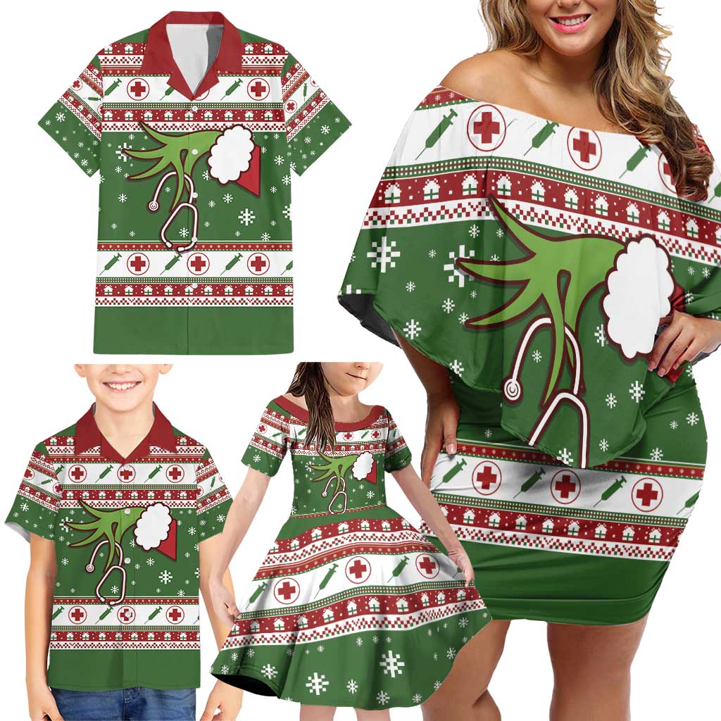 Nurse Family Matching Off Shoulder Short Dress and Hawaiian Shirt Nurse Grinch Christmas DT04 - Wonder Print Shop