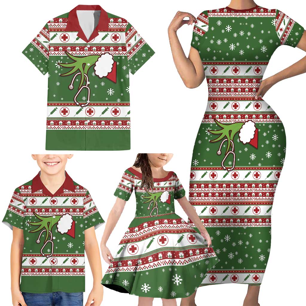 Nurse Family Matching Short Sleeve Bodycon Dress and Hawaiian Shirt Nurse Grinch Christmas DT04 - Wonder Print Shop