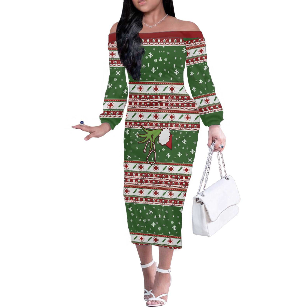 Nurse Off The Shoulder Long Sleeve Dress Nurse Grinch Christmas DT04 - Wonder Print Shop