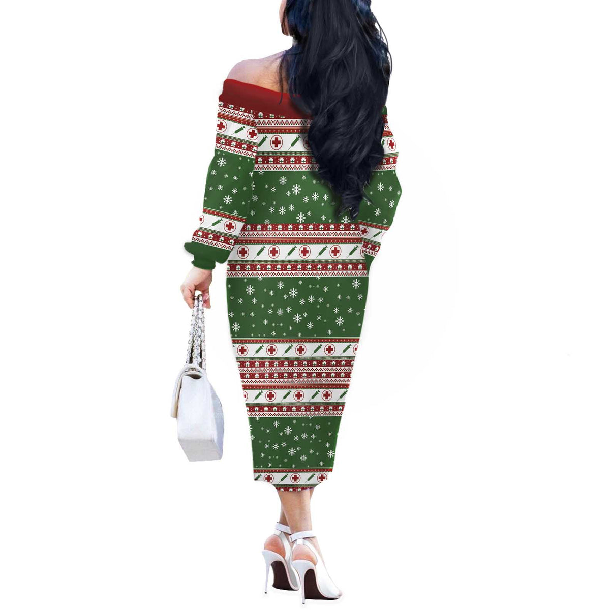 Nurse Off The Shoulder Long Sleeve Dress Nurse Grinch Christmas DT04 - Wonder Print Shop