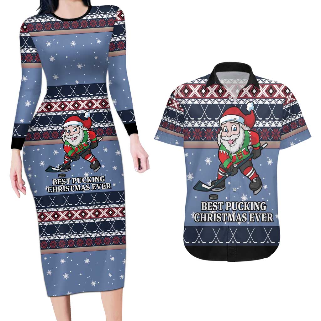 Santa Hockey Best Pucking Christmas Couples Matching Long Sleeve Bodycon Dress and Hawaiian Shirt DT04 - Wonder Print Shop