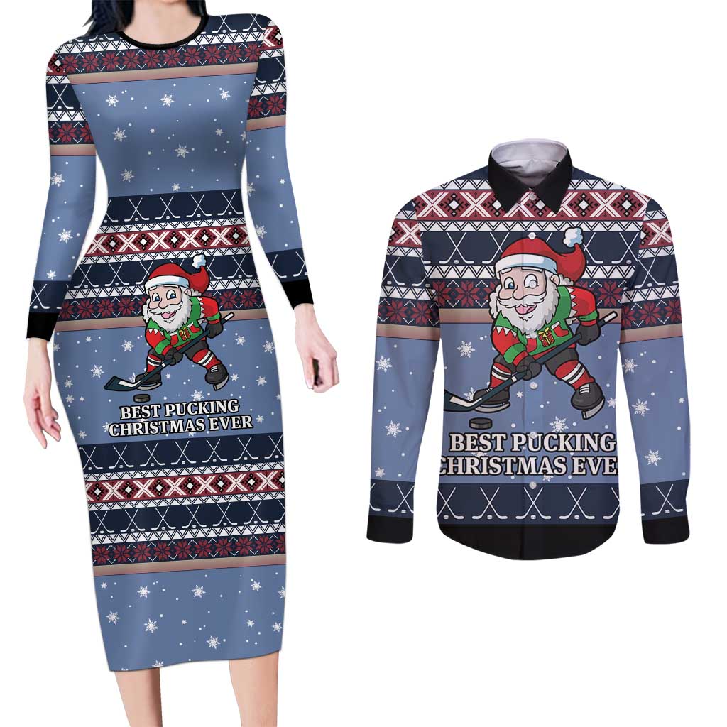 Santa Hockey Best Pucking Christmas Couples Matching Long Sleeve Bodycon Dress and Long Sleeve Button Shirt DT04 - Wonder Print Shop