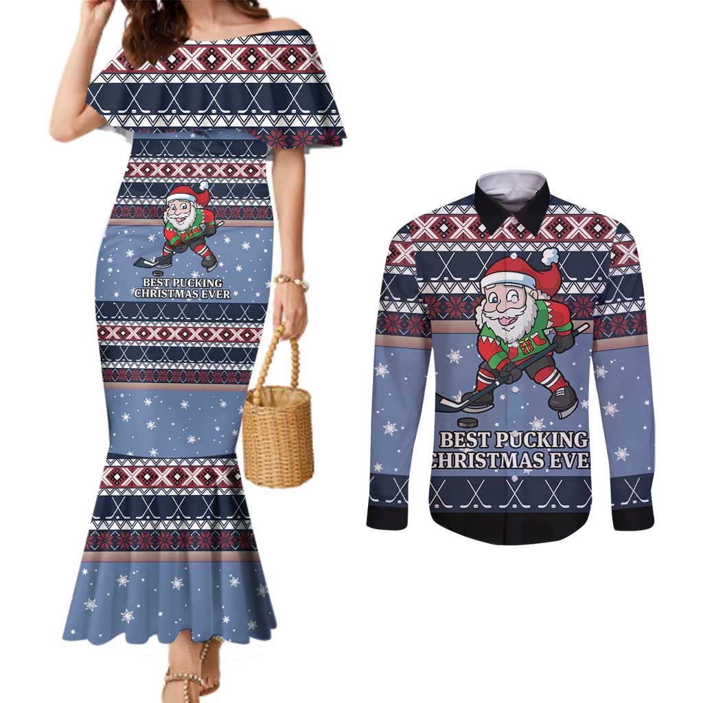 Santa Hockey Best Pucking Christmas Couples Matching Mermaid Dress and Long Sleeve Button Shirt
