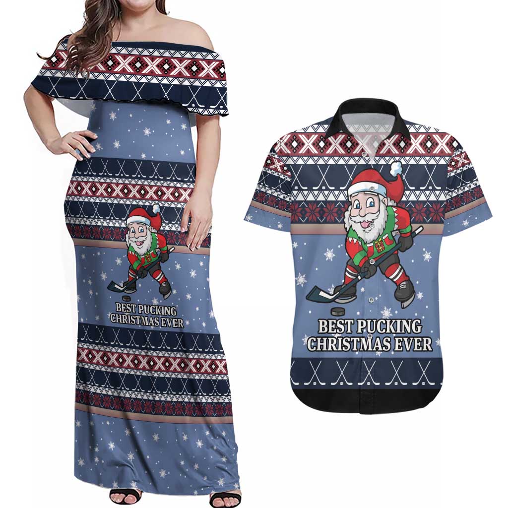 Santa Hockey Best Pucking Christmas Couples Matching Off Shoulder Maxi Dress and Hawaiian Shirt DT04 - Wonder Print Shop