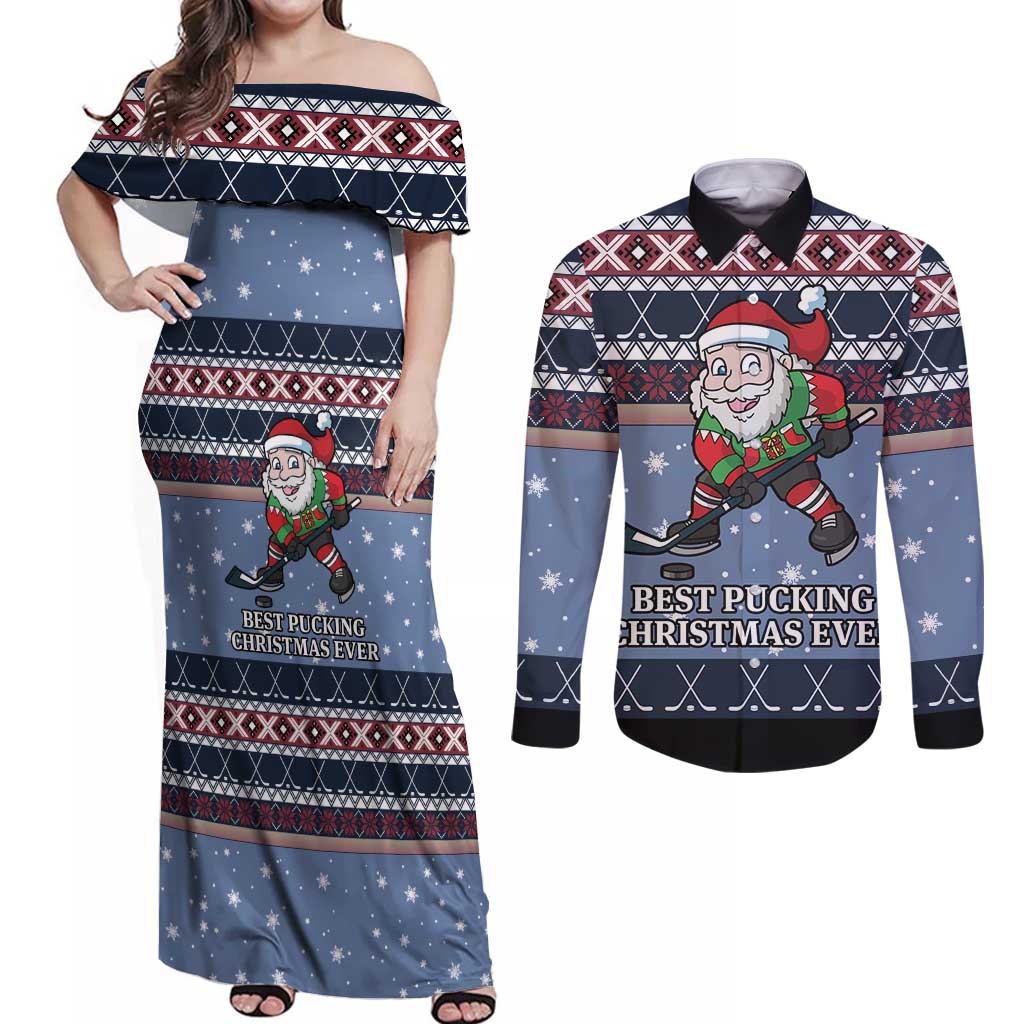 Santa Hockey Best Pucking Christmas Couples Matching Off Shoulder Maxi Dress and Long Sleeve Button Shirt DT04 - Wonder Print Shop