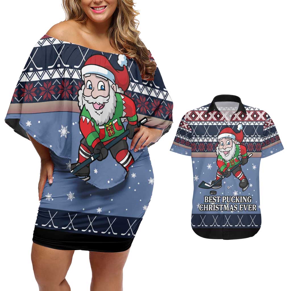 Santa Hockey Best Pucking Christmas Couples Matching Off Shoulder Short Dress and Hawaiian Shirt DT04 - Wonder Print Shop