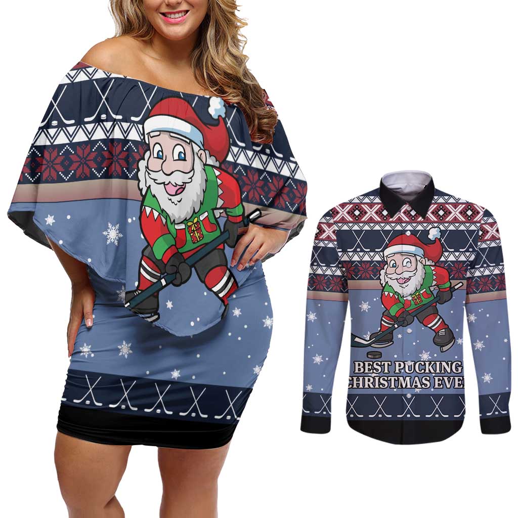 Santa Hockey Best Pucking Christmas Couples Matching Off Shoulder Short Dress and Long Sleeve Button Shirt DT04 - Wonder Print Shop