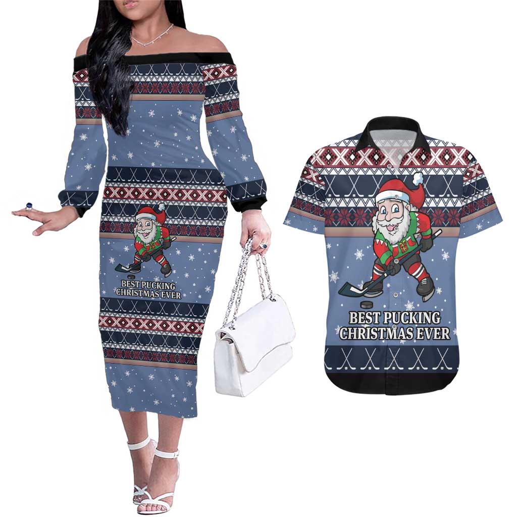 Santa Hockey Best Pucking Christmas Couples Matching Off The Shoulder Long Sleeve Dress and Hawaiian Shirt DT04 - Wonder Print Shop