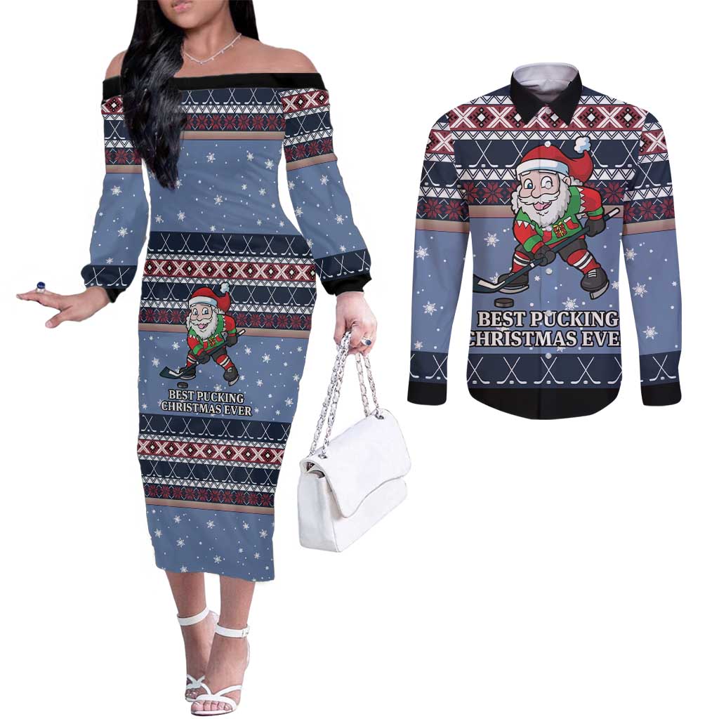 Santa Hockey Best Pucking Christmas Couples Matching Off The Shoulder Long Sleeve Dress and Long Sleeve Button Shirt