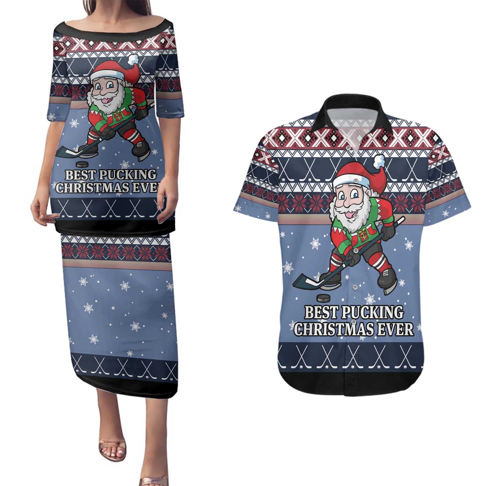 Santa Hockey Best Pucking Christmas Couples Matching Puletasi and Hawaiian Shirt DT04 - Wonder Print Shop