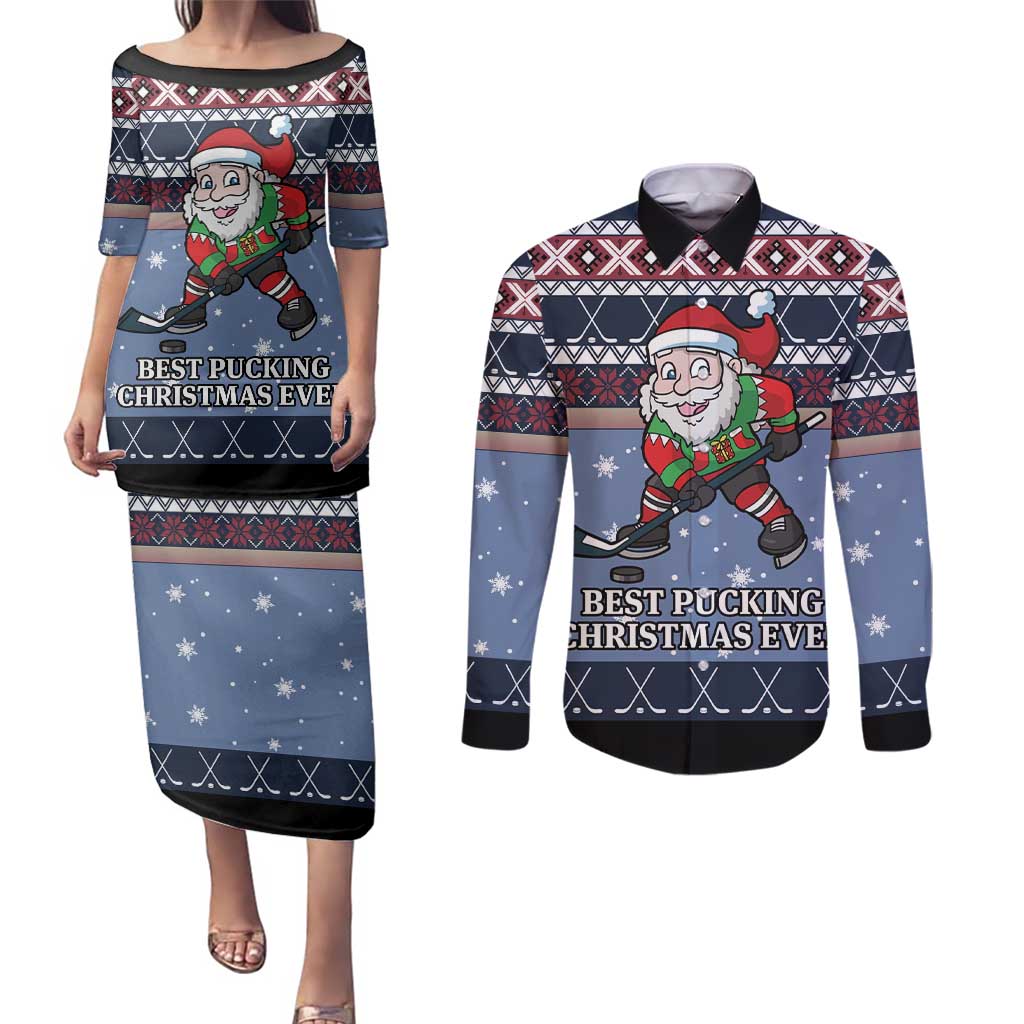 Santa Hockey Best Pucking Christmas Couples Matching Puletasi and Long Sleeve Button Shirt DT04 - Wonder Print Shop