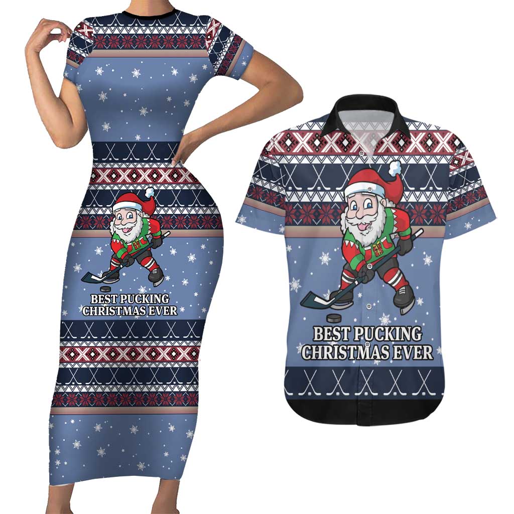 Santa Hockey Best Pucking Christmas Couples Matching Short Sleeve Bodycon Dress and Hawaiian Shirt DT04 - Wonder Print Shop
