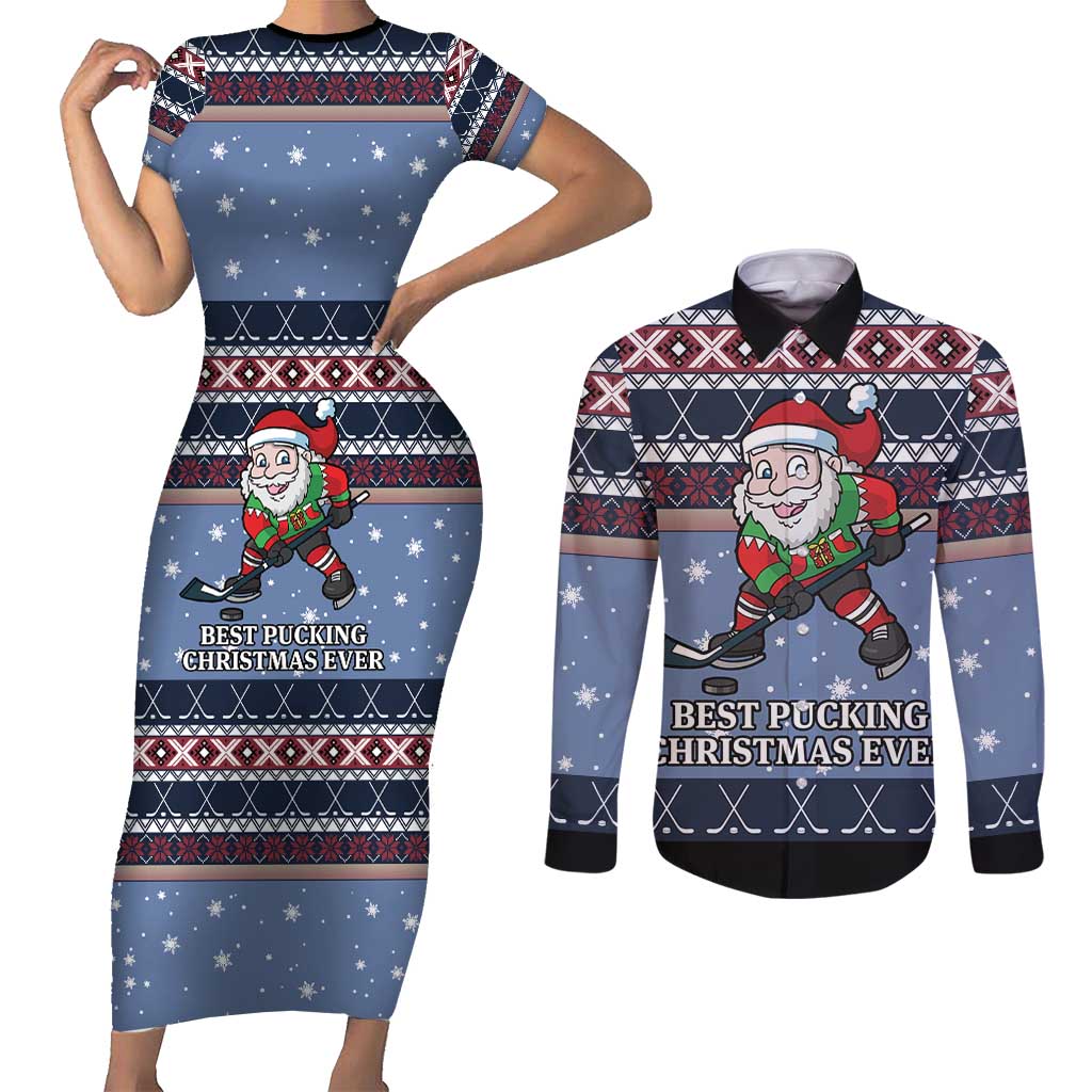 Santa Hockey Best Pucking Christmas Couples Matching Short Sleeve Bodycon Dress and Long Sleeve Button Shirt DT04 - Wonder Print Shop