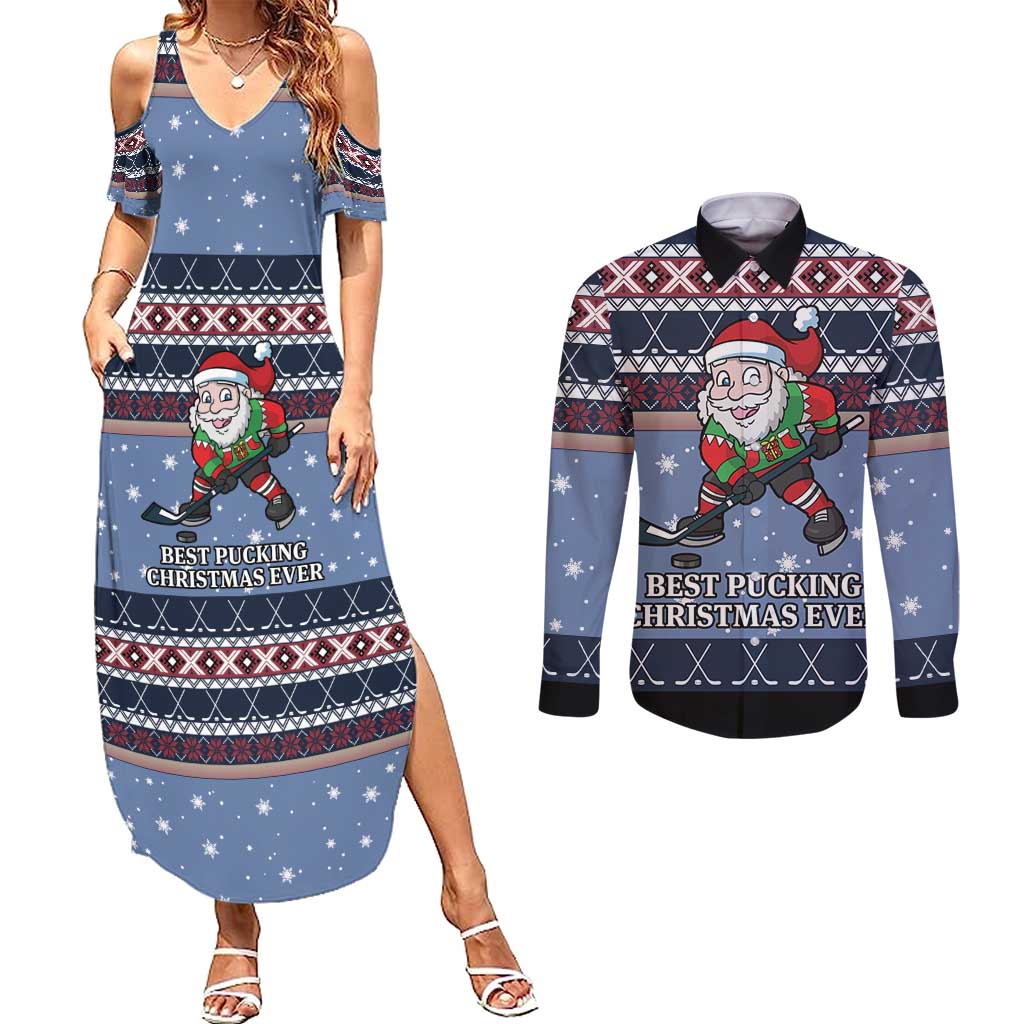 Santa Hockey Best Pucking Christmas Couples Matching Summer Maxi Dress and Long Sleeve Button Shirt DT04 - Wonder Print Shop