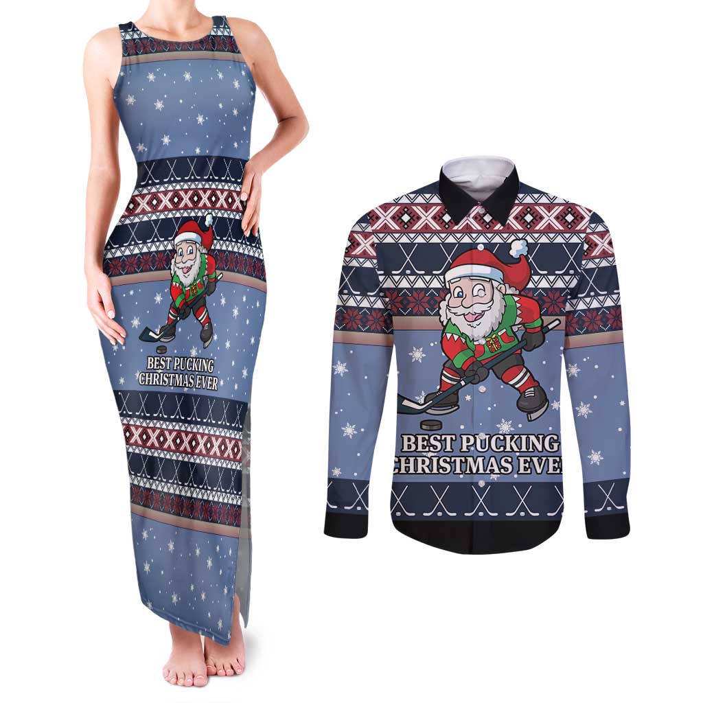 Santa Hockey Best Pucking Christmas Couples Matching Tank Maxi Dress and Long Sleeve Button Shirt DT04 - Wonder Print Shop