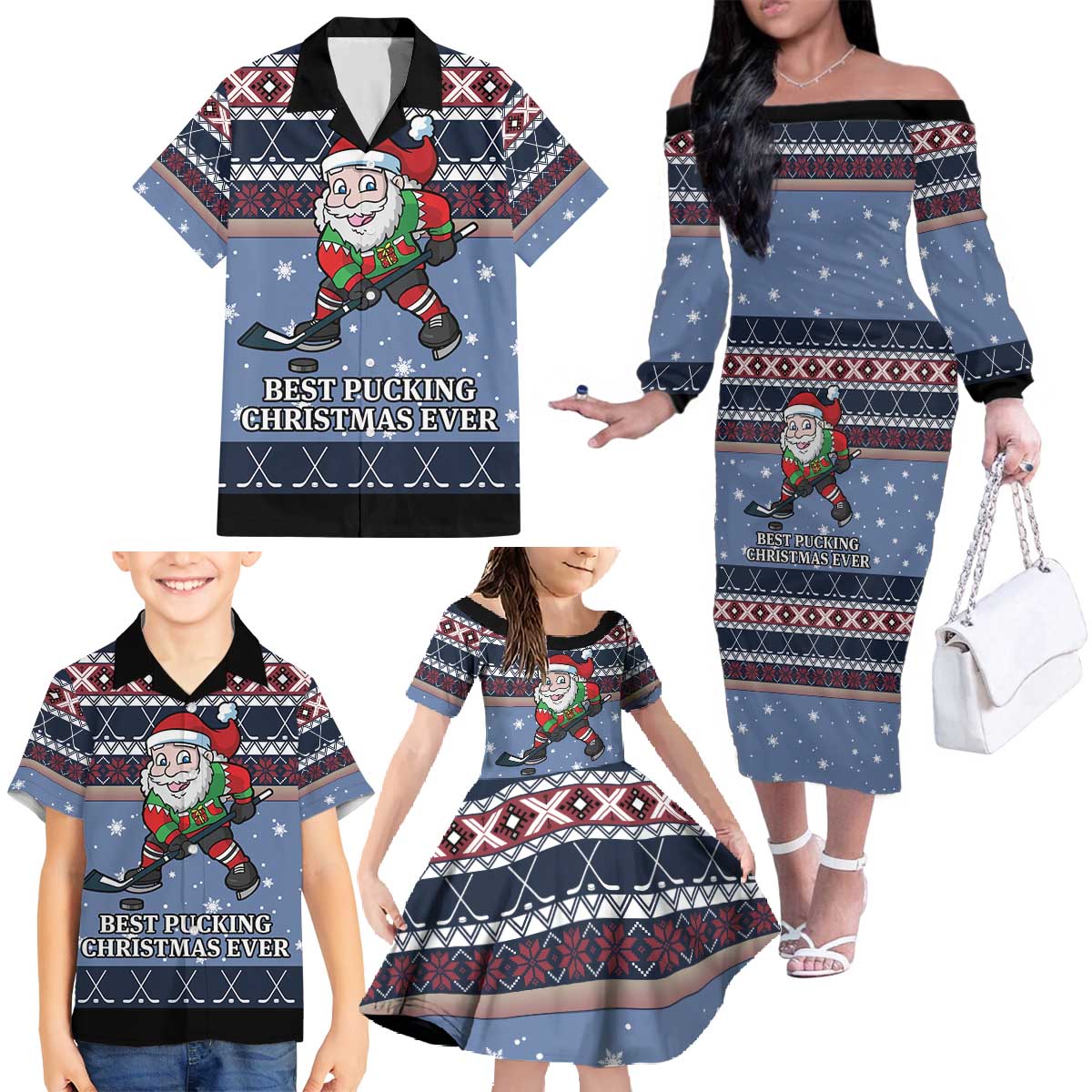 Santa Hockey Best Pucking Christmas Family Matching Off The Shoulder Long Sleeve Dress and Hawaiian Shirt DT04 - Wonder Print Shop