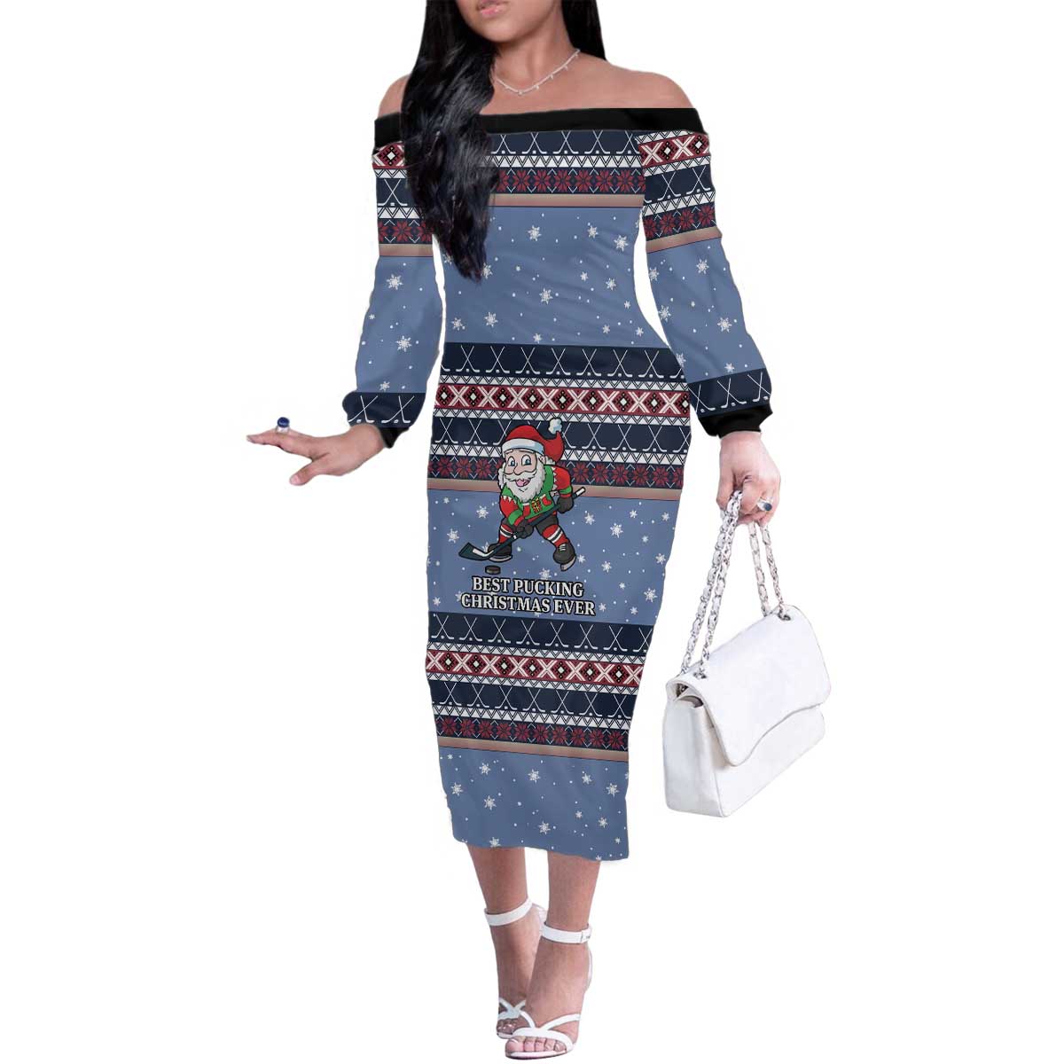 Santa Hockey Best Pucking Christmas Family Matching Off The Shoulder Long Sleeve Dress and Hawaiian Shirt DT04 - Wonder Print Shop
