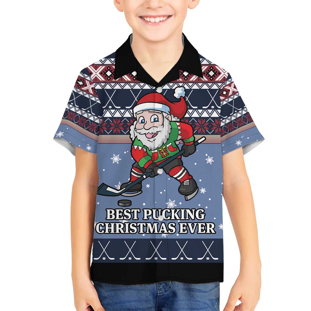 Santa Hockey Best Pucking Christmas Family Matching Off The Shoulder Long Sleeve Dress and Hawaiian Shirt DT04 - Wonder Print Shop