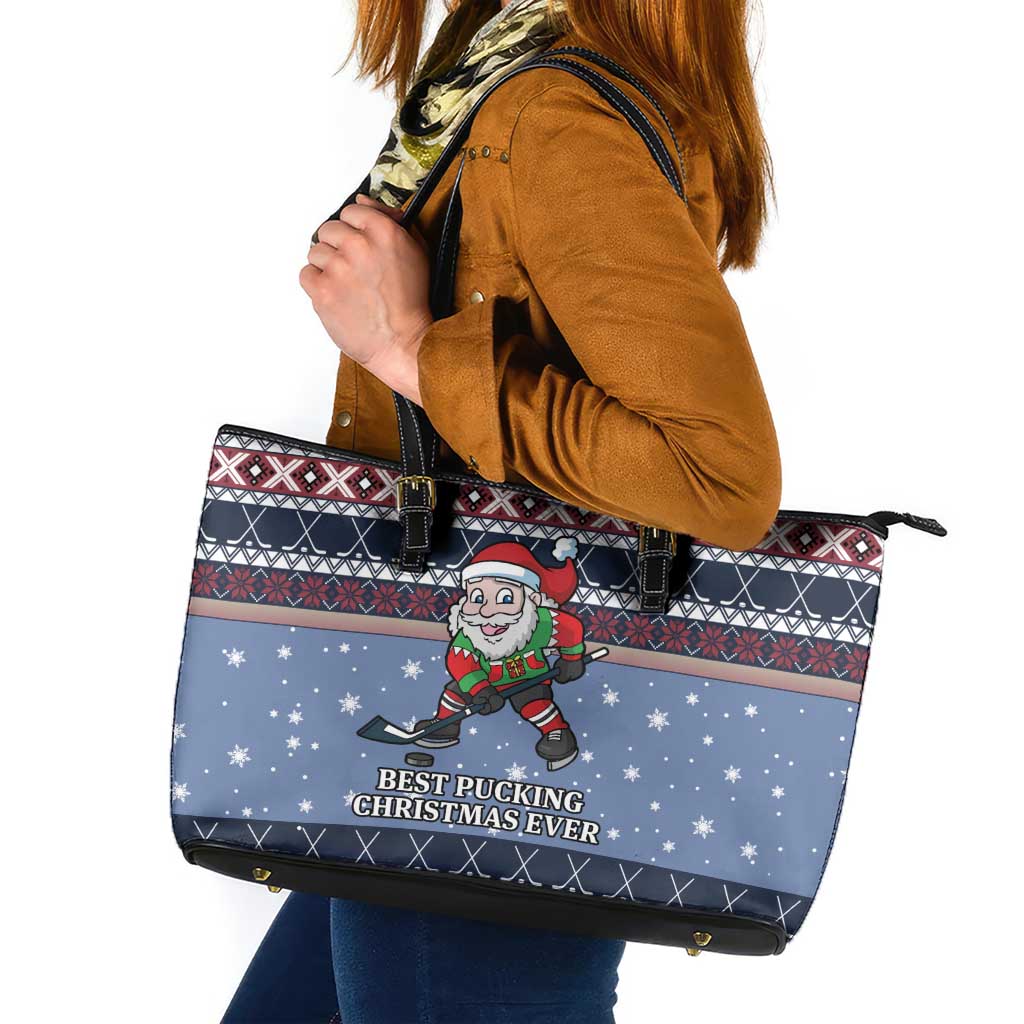 Santa Hockey Best Pucking Christmas Leather Tote Bag DT04 - Wonder Print Shop
