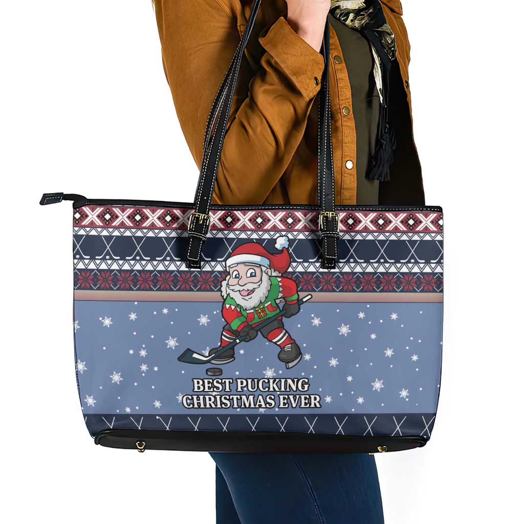 Santa Hockey Best Pucking Christmas Leather Tote Bag DT04 - Wonder Print Shop