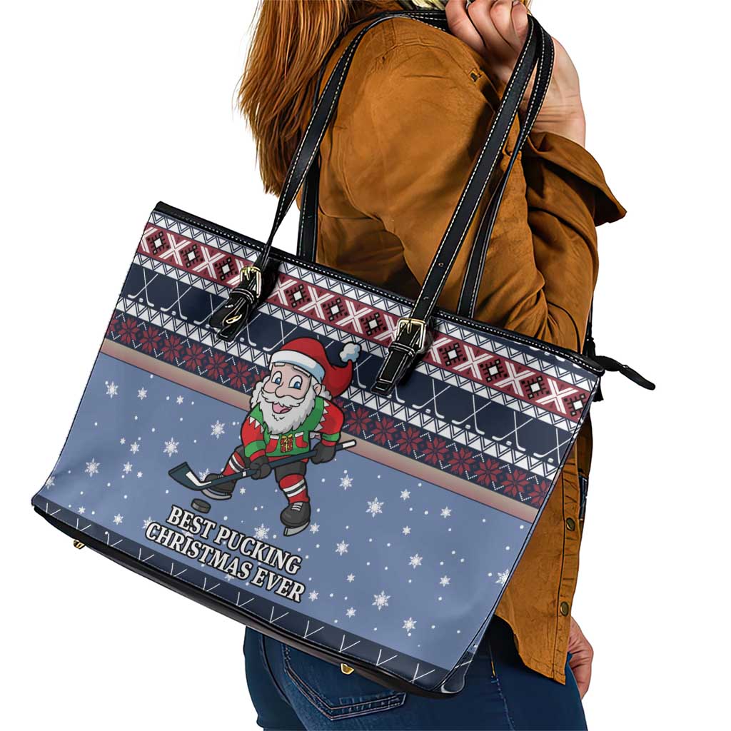 Santa Hockey Best Pucking Christmas Leather Tote Bag DT04 - Wonder Print Shop
