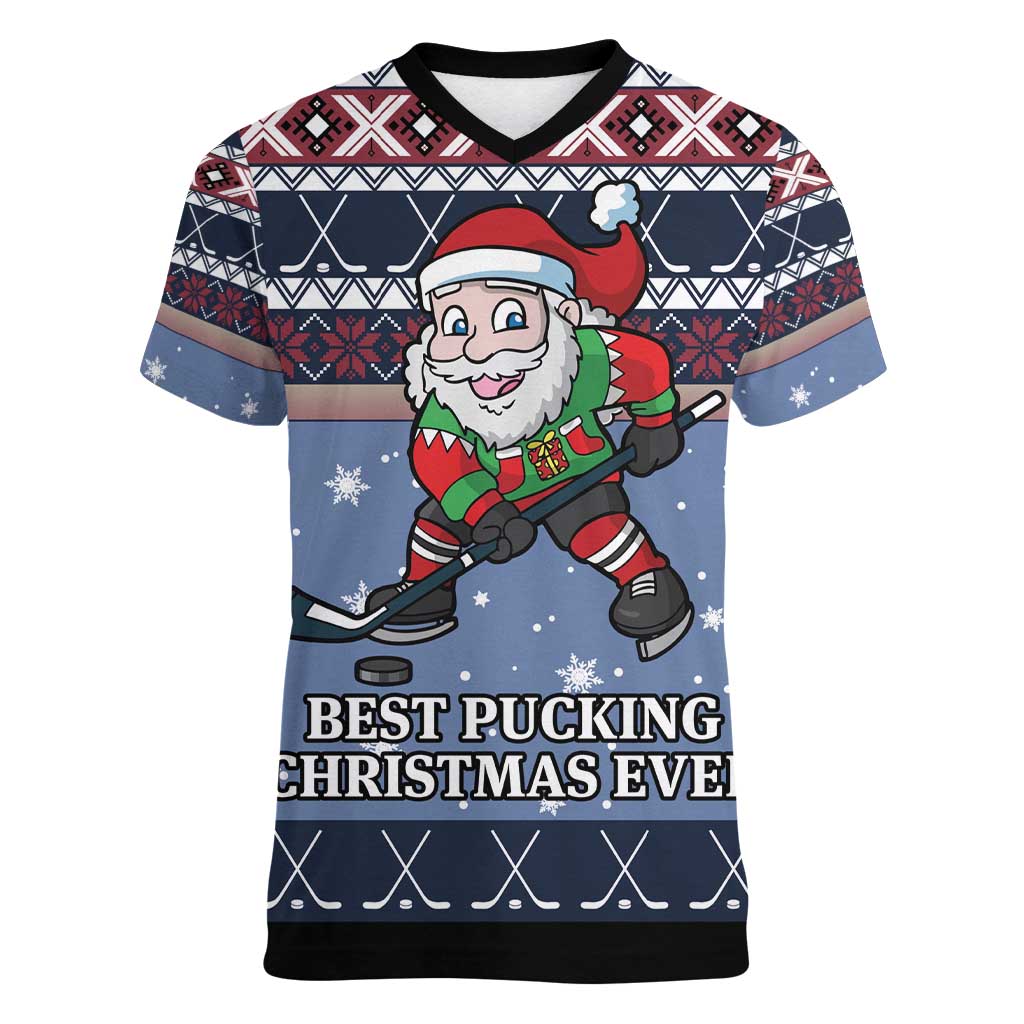 Santa Hockey Best Pucking Christmas Women V-Neck T-Shirt DT04 - Wonder Print Shop