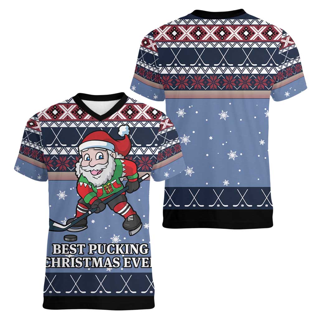 Santa Hockey Best Pucking Christmas Women V-Neck T-Shirt DT04 - Wonder Print Shop