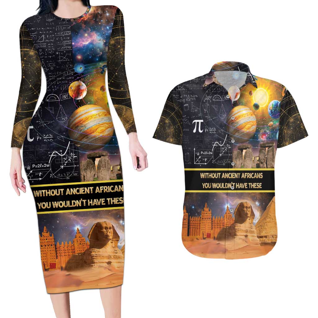 Ancient African Achievements Couples Matching Long Sleeve Bodycon Dress and Hawaiian Shirt Egyptian Pyramids Galaxy