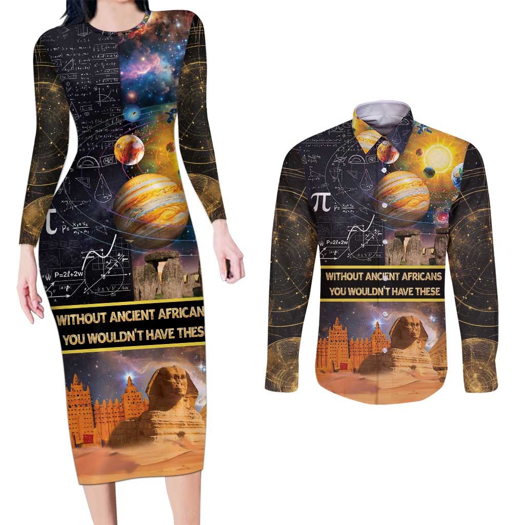 Ancient African Achievements Couples Matching Long Sleeve Bodycon Dress and Long Sleeve Button Shirt Egyptian Pyramids Galaxy