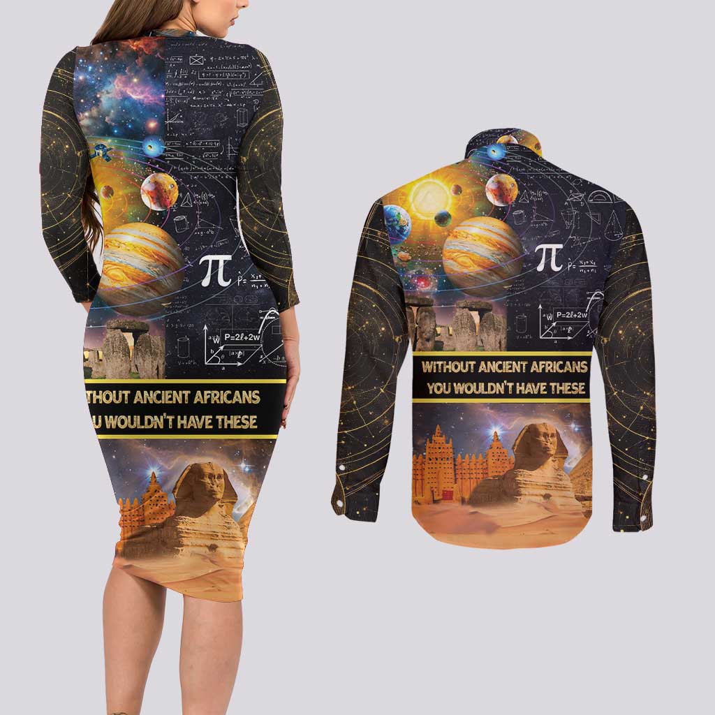Ancient African Achievements Couples Matching Long Sleeve Bodycon Dress and Long Sleeve Button Shirt Egyptian Pyramids Galaxy