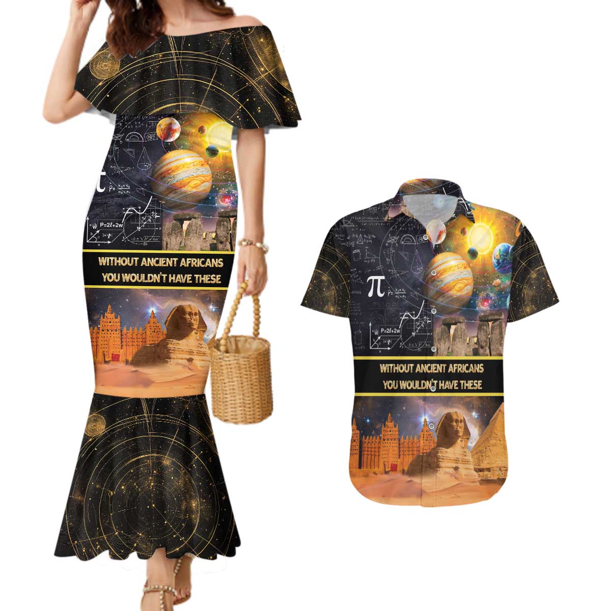 Ancient African Achievements Couples Matching Mermaid Dress and Hawaiian Shirt Egyptian Pyramids Galaxy