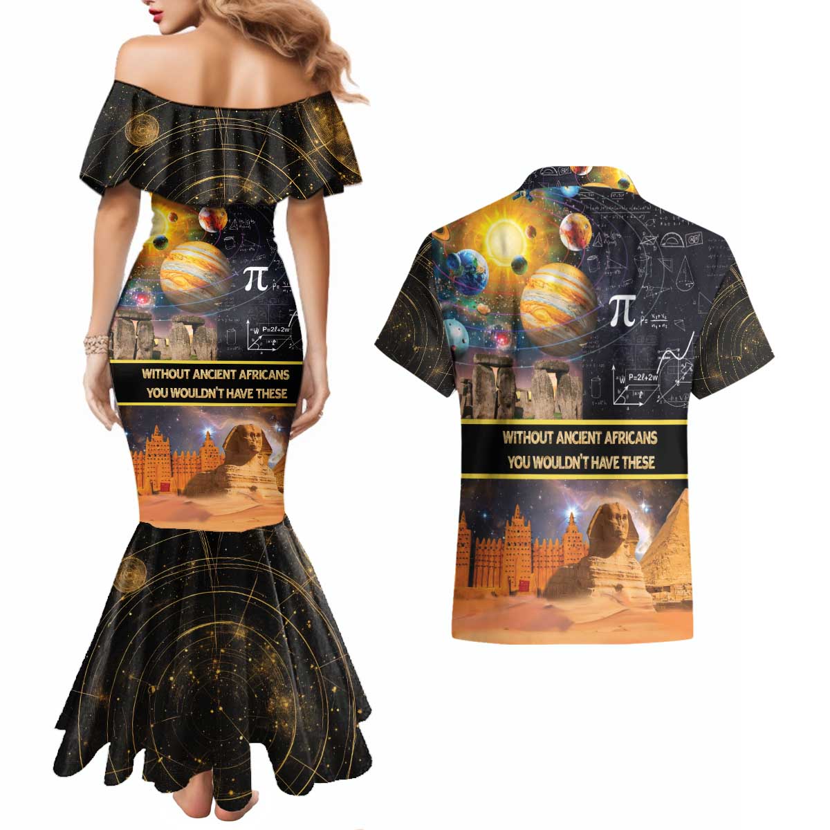 Ancient African Achievements Couples Matching Mermaid Dress and Hawaiian Shirt Egyptian Pyramids Galaxy