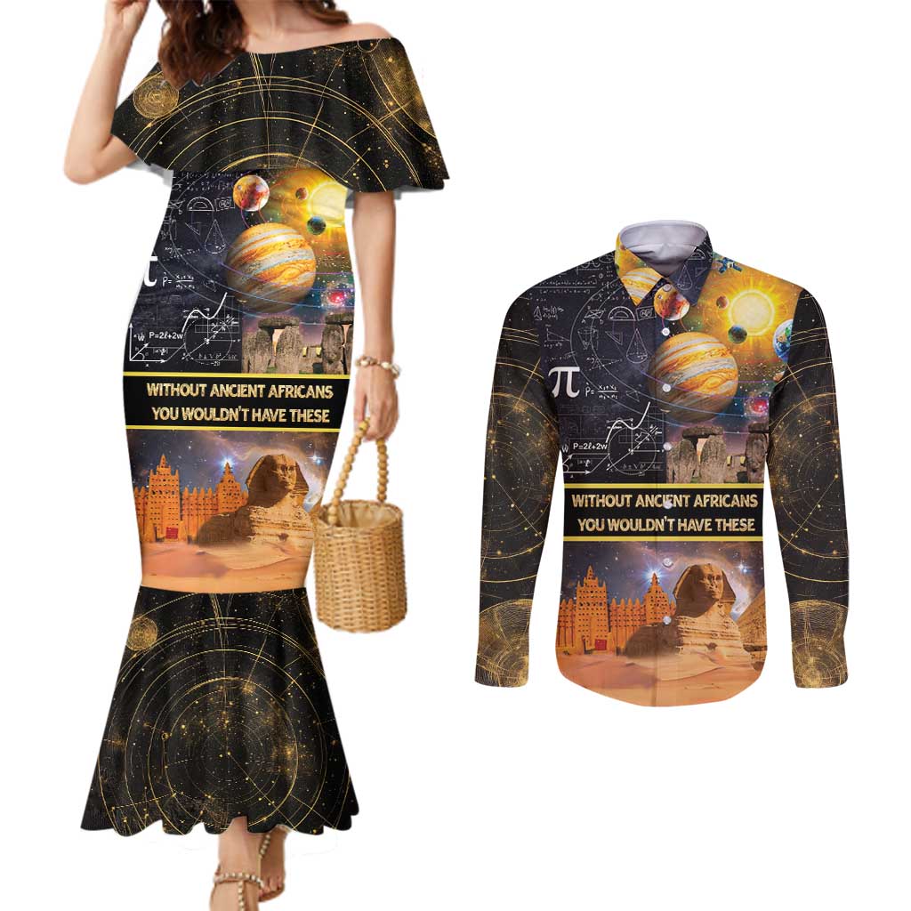 Ancient African Achievements Couples Matching Mermaid Dress and Long Sleeve Button Shirt Egyptian Pyramids Galaxy