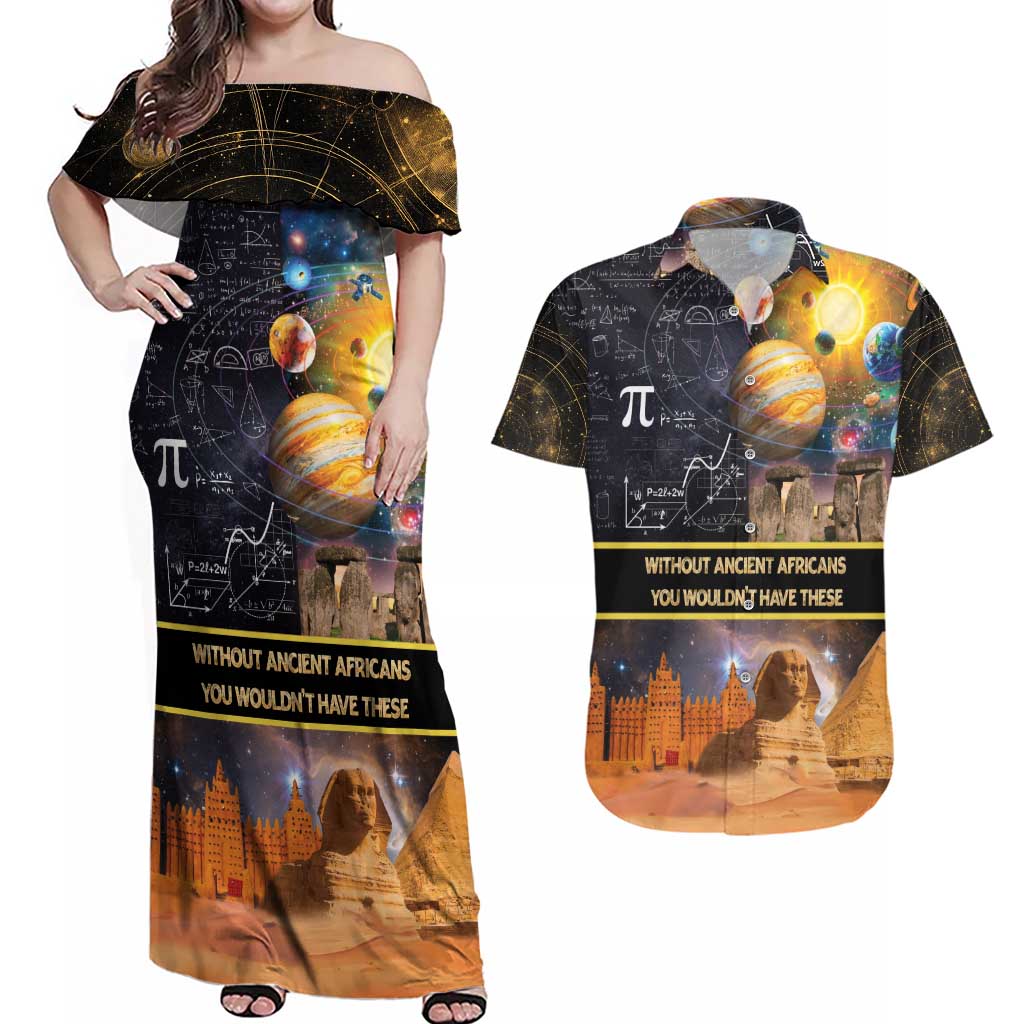 Ancient African Achievements Couples Matching Off Shoulder Maxi Dress and Hawaiian Shirt Egyptian Pyramids Galaxy