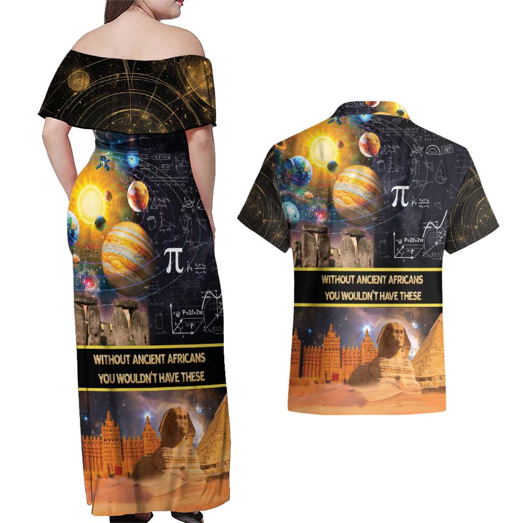 Ancient African Achievements Couples Matching Off Shoulder Maxi Dress and Hawaiian Shirt Egyptian Pyramids Galaxy