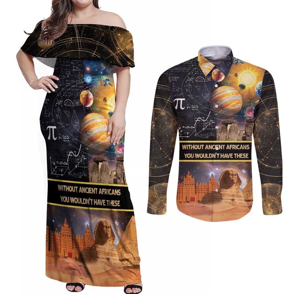 Ancient African Achievements Couples Matching Off Shoulder Maxi Dress and Long Sleeve Button Shirt Egyptian Pyramids Galaxy
