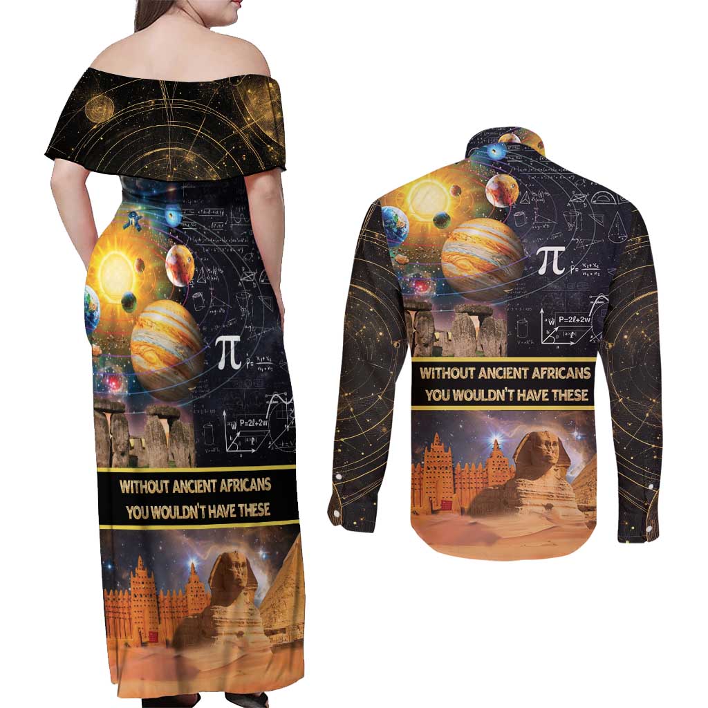 Ancient African Achievements Couples Matching Off Shoulder Maxi Dress and Long Sleeve Button Shirt Egyptian Pyramids Galaxy