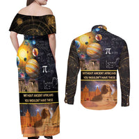 Ancient African Achievements Couples Matching Off Shoulder Maxi Dress and Long Sleeve Button Shirt Egyptian Pyramids Galaxy
