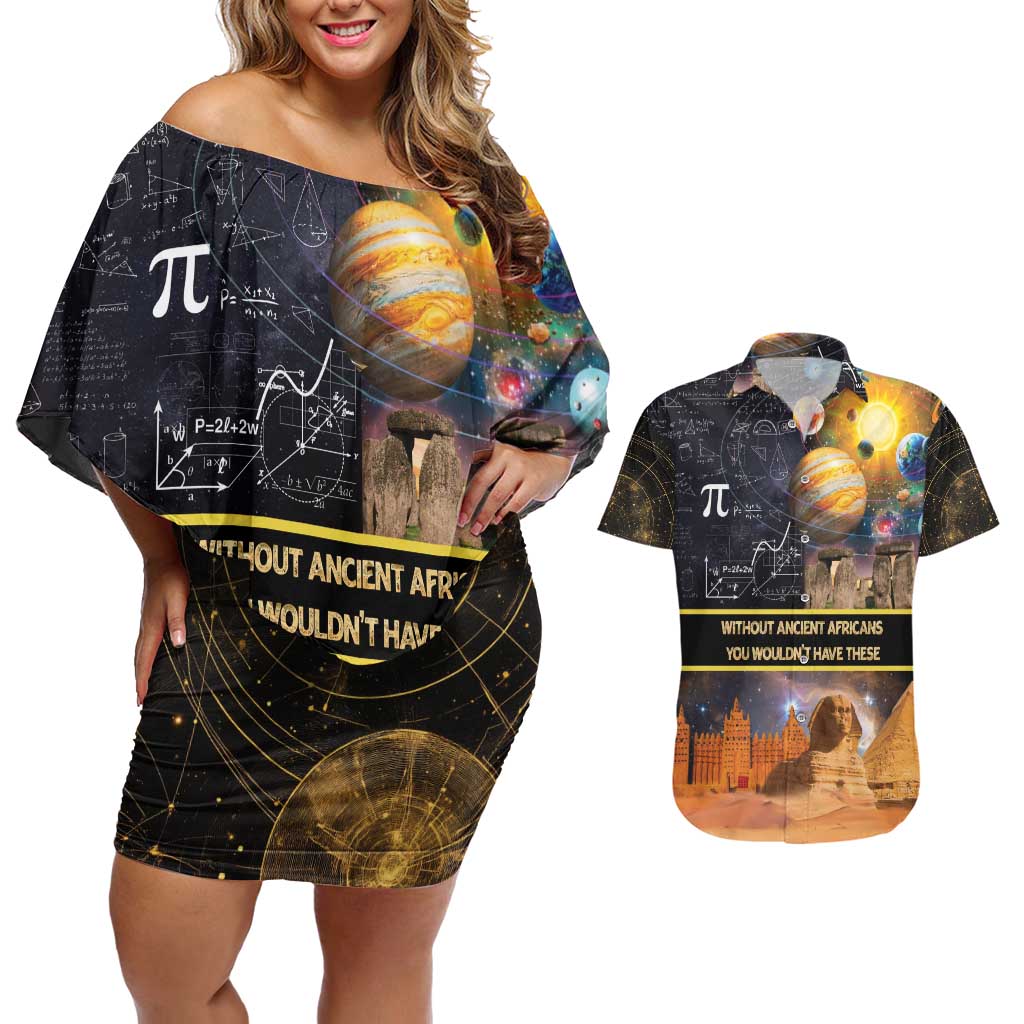 Ancient African Achievements Couples Matching Off Shoulder Short Dress and Hawaiian Shirt Egyptian Pyramids Galaxy