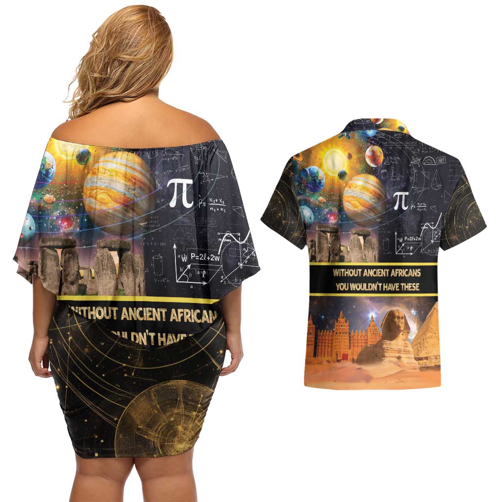 Ancient African Achievements Couples Matching Off Shoulder Short Dress and Hawaiian Shirt Egyptian Pyramids Galaxy