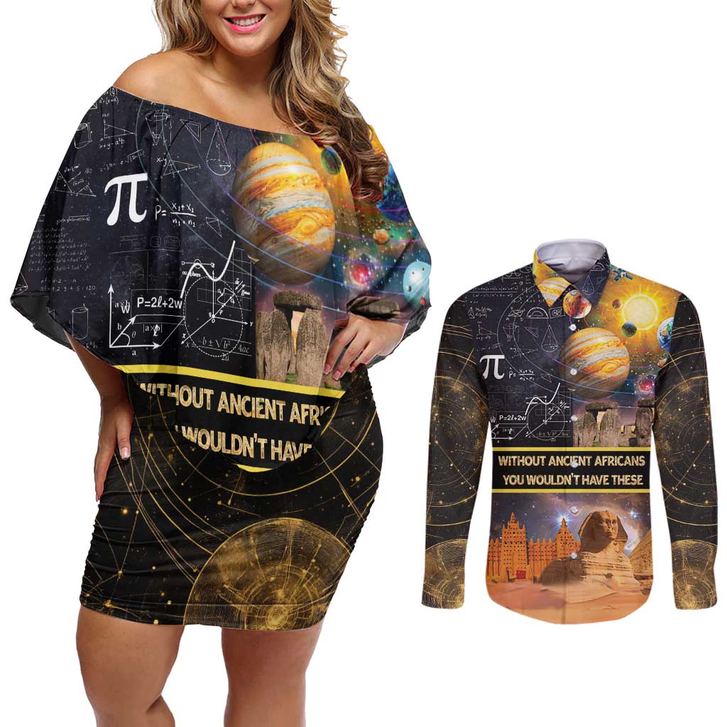 Ancient African Achievements Couples Matching Off Shoulder Short Dress and Long Sleeve Button Shirt Egyptian Pyramids Galaxy