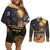 Ancient African Achievements Couples Matching Off Shoulder Short Dress and Long Sleeve Button Shirt Egyptian Pyramids Galaxy