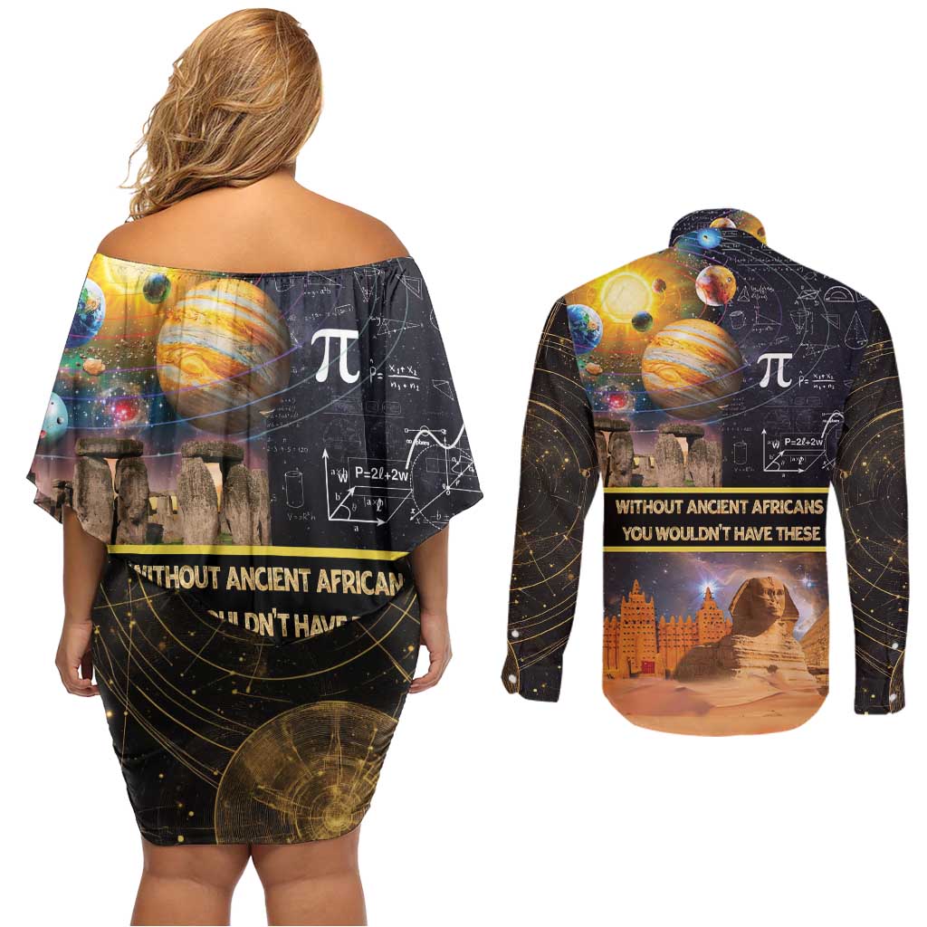 Ancient African Achievements Couples Matching Off Shoulder Short Dress and Long Sleeve Button Shirt Egyptian Pyramids Galaxy