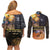 Ancient African Achievements Couples Matching Off Shoulder Short Dress and Long Sleeve Button Shirt Egyptian Pyramids Galaxy
