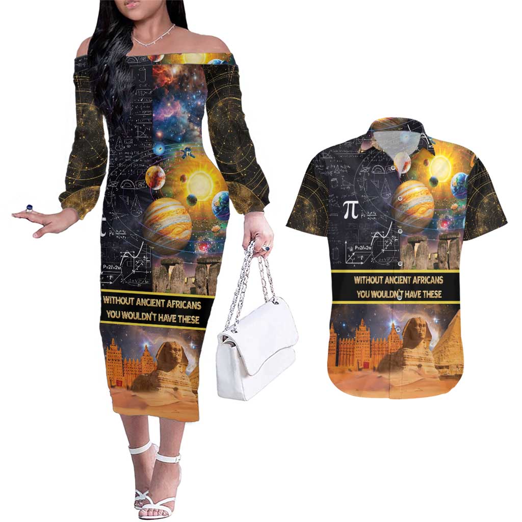 Ancient African Achievements Couples Matching Off The Shoulder Long Sleeve Dress and Hawaiian Shirt Egyptian Pyramids Galaxy