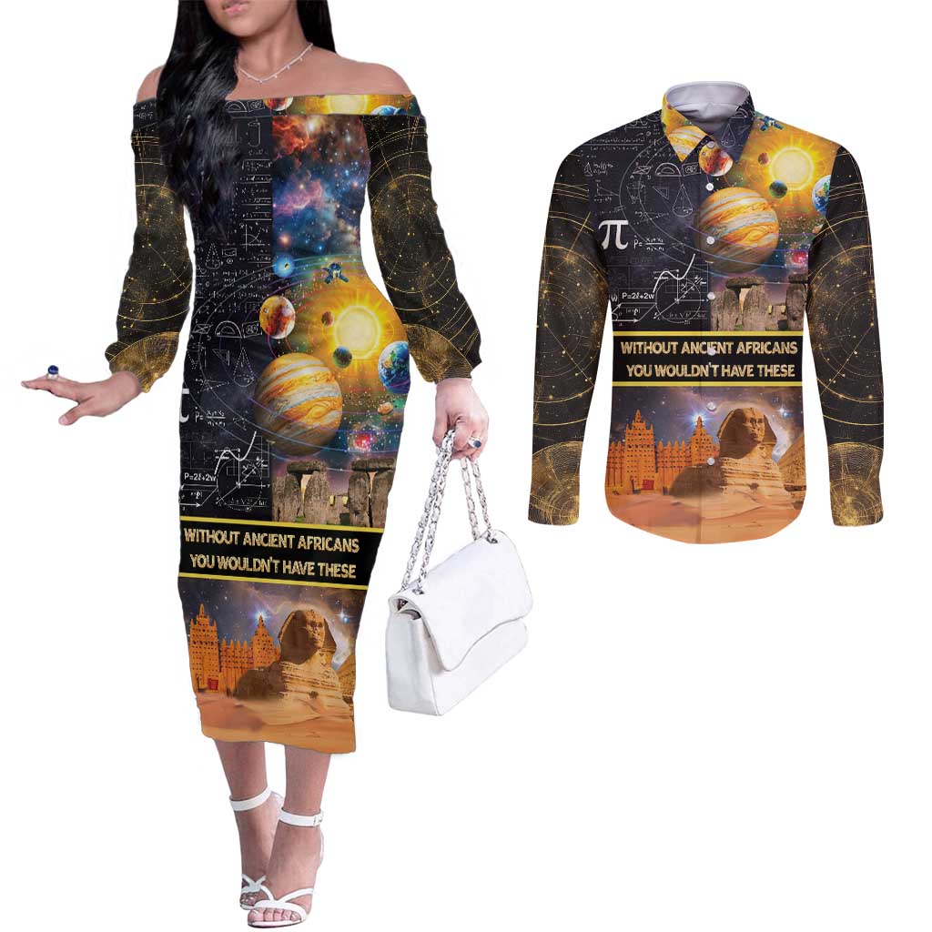 Ancient African Achievements Couples Matching Off The Shoulder Long Sleeve Dress and Long Sleeve Button Shirt Egyptian Pyramids Galaxy